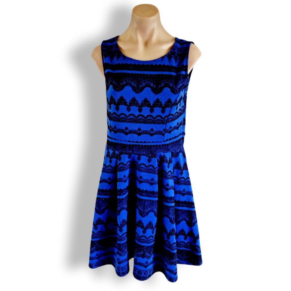 Chicaboom, black + blue, fit + flare, high neck, sleeveless, short dress - Picture 5 of 9